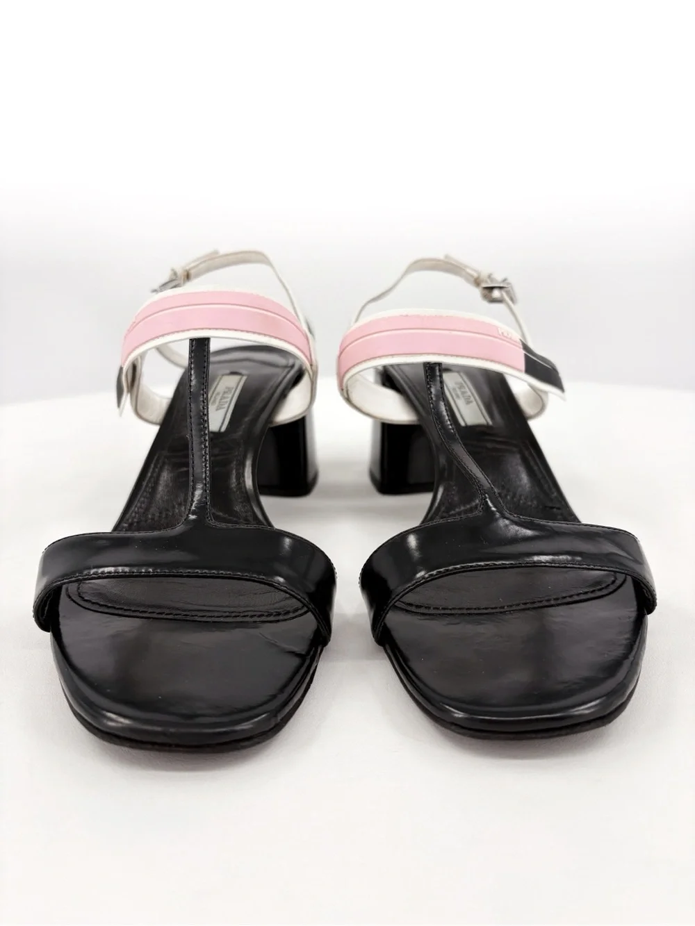 PRADA T-Strap Slingback Block Heel Sandals in White Black EU 38 US 8